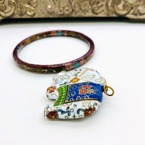 Vintage Cloisonne Elephant Pendant & Bangle - Picture 6 of 14